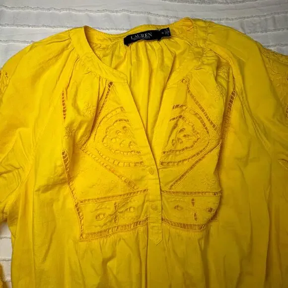 Lauren Ralph Lauren Yellow Embroidered Cotton Dress Women’s 12 Boho Cottagecore - Picture 3 of 16